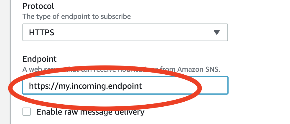 AWS Console SNS Topic Subscription Endpoint Textfield