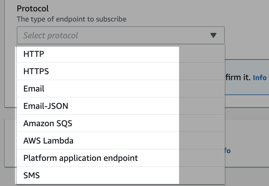 AWS Console SNS Topic Subscription Protocol Dropwdown Selections